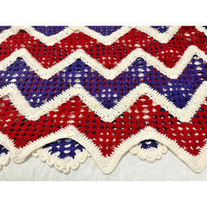 Vintage "HANDMADE CROCHET CHEVRON AFGHAN THROW" Red/White/Purple